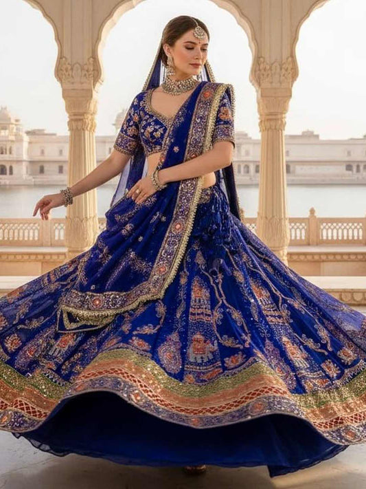 Georgette 7 Meter Flare Premium quality Vintage Bridal Rajputi Poshak In blue color-91631