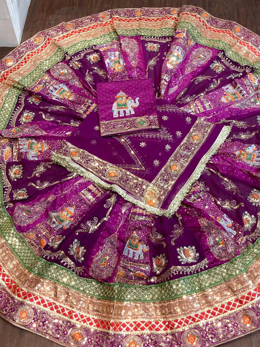 Georgette 7 Meter Flare Premium quality Vintage Bridal Rajputi Poshak In purple color-91630