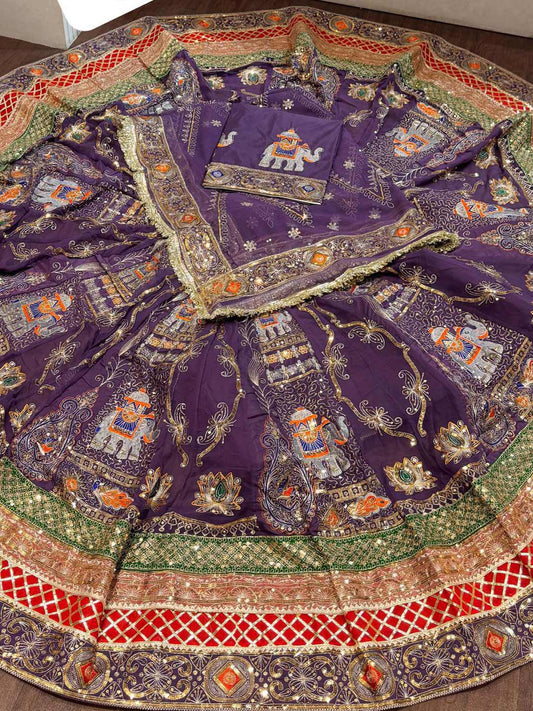 Georgette 7 Meter Flare Premium quality Vintage Bridal Rajputi Poshak In purple color-91629