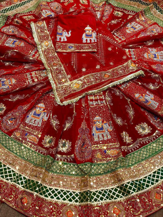 Georgette 7 Meter Flare Premium quality Vintage Bridal Rajputi Poshak In red color-91628