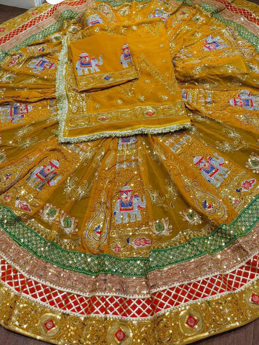 Georgette 7 Meter Flare Premium quality Vintage Bridal Rajputi Poshak In yellow color-91627