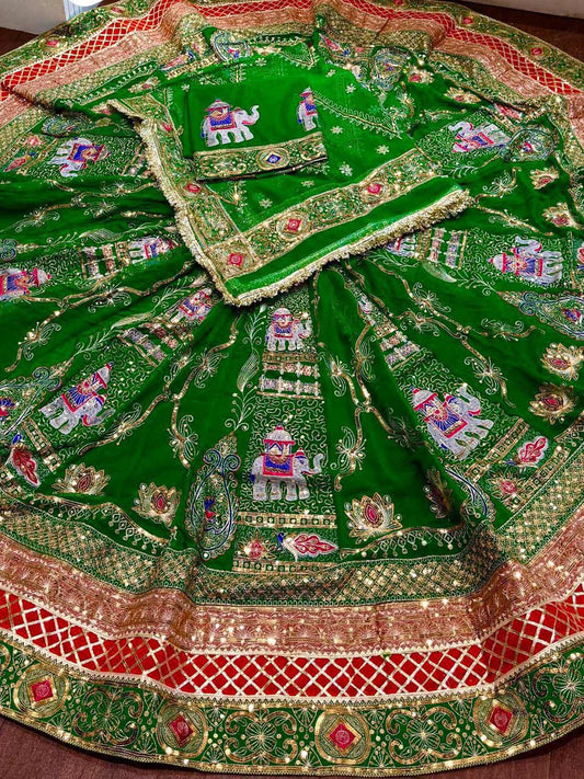 Georgette 7 Meter Flare Premium quality Vintage Bridal Rajputi Poshak In green color-91626
