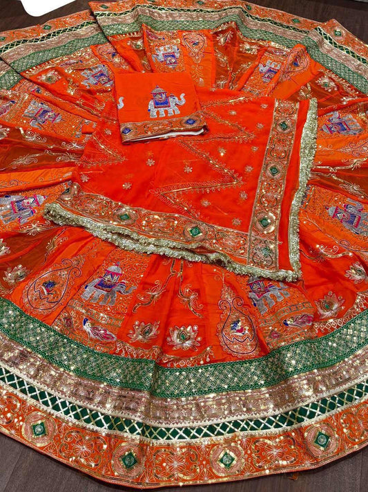 Georgette 7 Meter Flare Premium quality Vintage Bridal Rajputi Poshak In orange color-91625