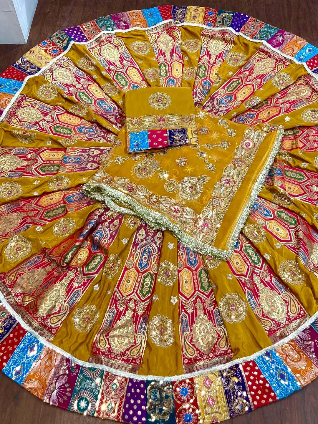 Georgette 7 Meter Flare Premium quality Bridal Rajputi Poshak In mustard color-91604