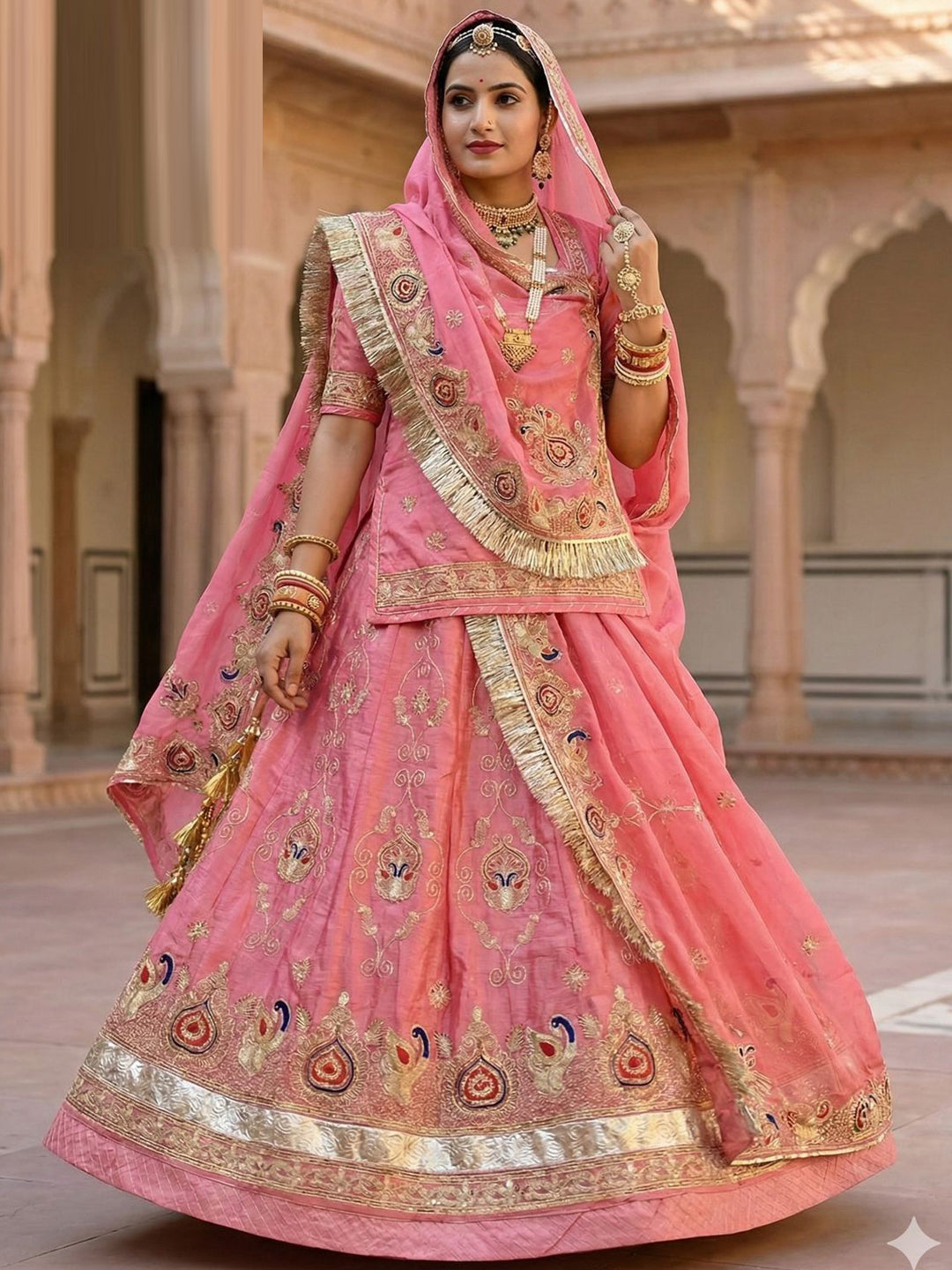 Pink color Gold Crush Rajputi Poshak with Barik Zari Sequence Work-91702