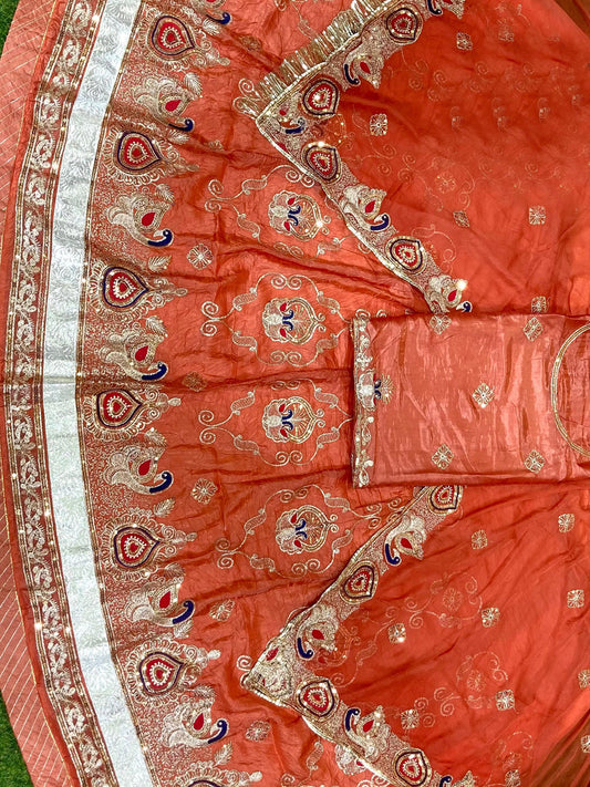 Orange color Gold Crush Rajputi Poshak with Barik Zari Sequence Work-91697