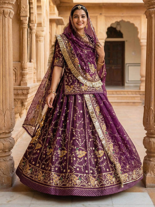 Gold Crush 4 Meter Gher Premium quality Vintage Rajputi Poshak In Maroon color-91527