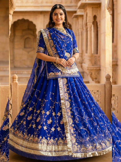Royal Pure Rajputi Poshak with Lappa Border Work in Blue color-91689