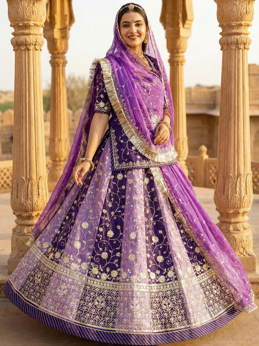 16 Kali Gher Gold Crush Rajputi Poshak with Laffa gotta Border Work in Purple color-91674