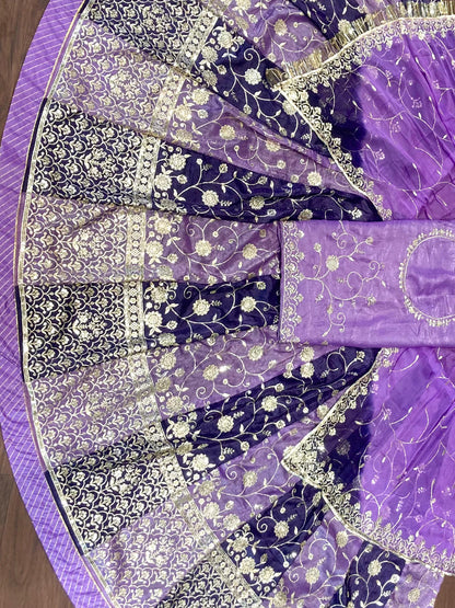 16 Kali Gher Gold Crush Rajputi Poshak with Laffa gotta Border Work in Purple color-91674