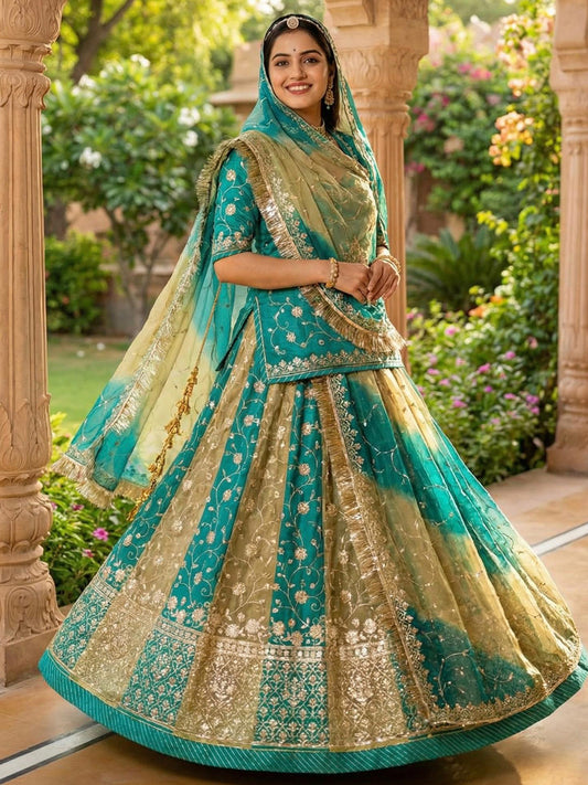 16 Kali Gher Gold Crush Rajputi Poshak with Laffa gotta Border Work in Green color-91676