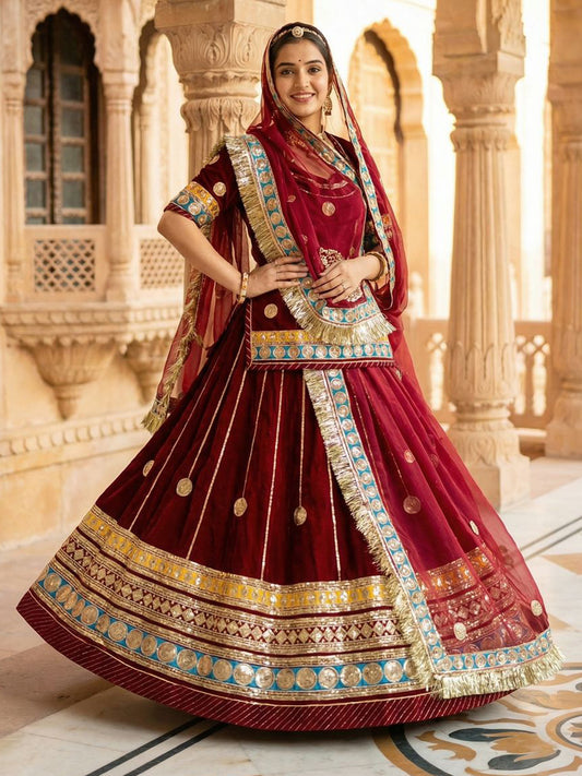 Velvet wedding Sangeet Sequence work Rajputi Poshak In Red Color-82016