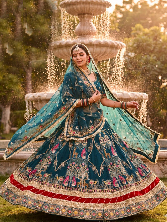 Georgette 7 Meter Flare Gher Premium quality Bridal Vintage Rajputi Poshak In Blue color-91637