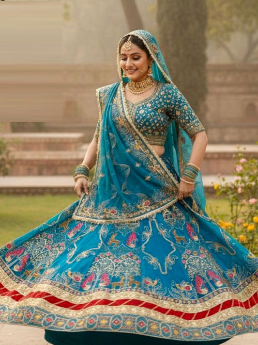 Georgette 7 Meter Flare Gher Premium quality Bridal Vintage Rajputi Poshak In Blue color-91636