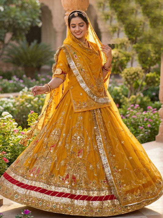 Georgette 7 Meter Flare Gher Premium quality Bridal Vintage Rajputi Poshak In mustard color-91632