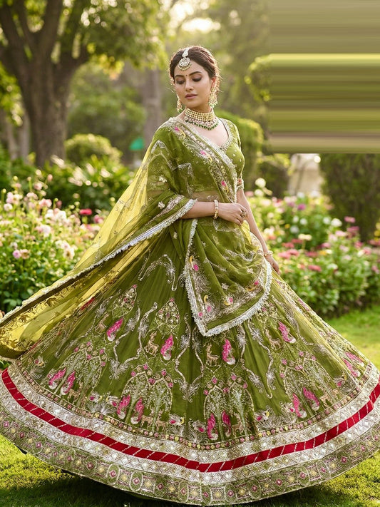Georgette 7 Meter Flare Gher Premium quality Bridal Vintage Rajputi Poshak In dark green color-91638