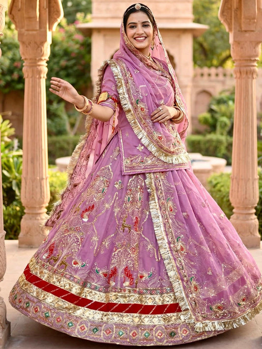 Georgette 7 Meter Flare Gher Premium quality Bridal Vintage Rajputi Poshak In Reeni Pink color-91635