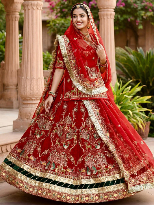 Georgette 7 Meter Flare Gher Premium quality Bridal Vintage Rajputi Poshak In red color-91639 (Copy)