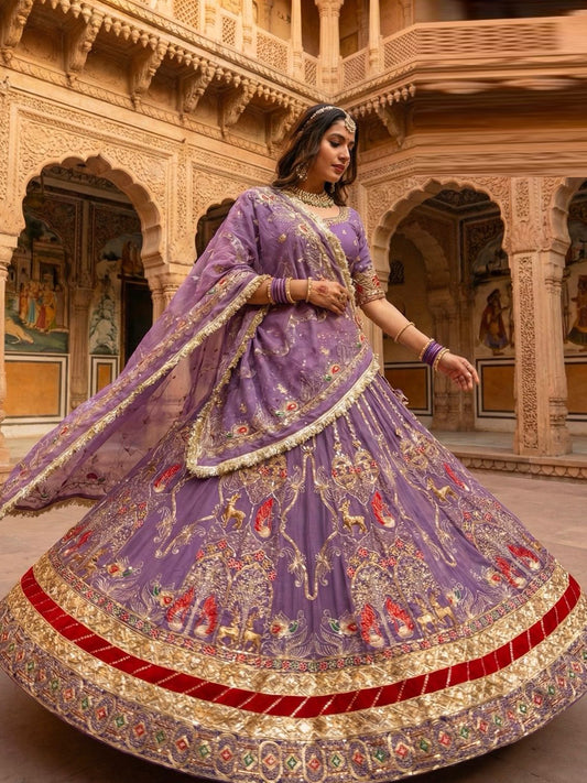 Georgette 7 Meter Flare Gher Premium quality Bridal Vintage Rajputi Poshak In Purple color-91633