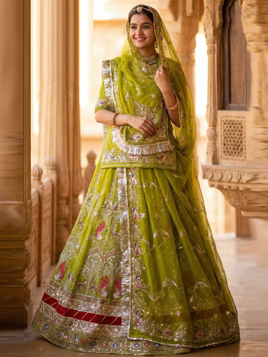Georgette 7 Meter Flare Gher Premium quality Bridal Vintage Rajputi Poshak In green color-91634