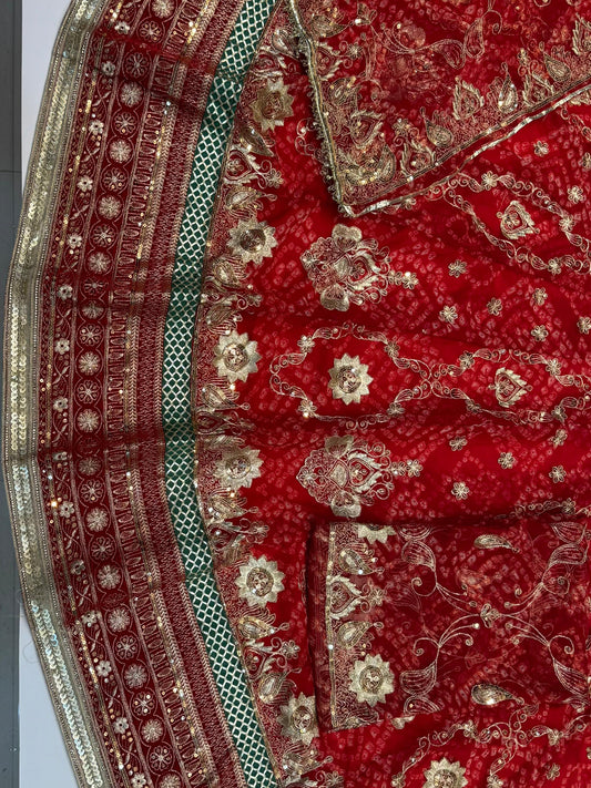 4 Meter Chundari Print Gorgette Premium quality Rajputi Poshak with stone Work in Red color-91668