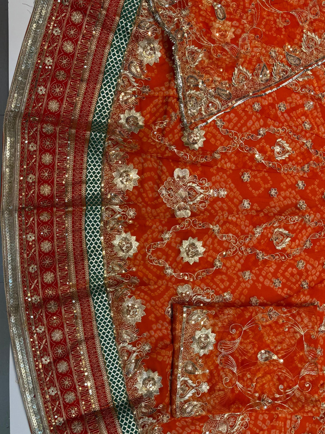 4 Meter Chundari Print Gorgette Premium quality Rajputi Poshak with stone Work in Orange color-91667