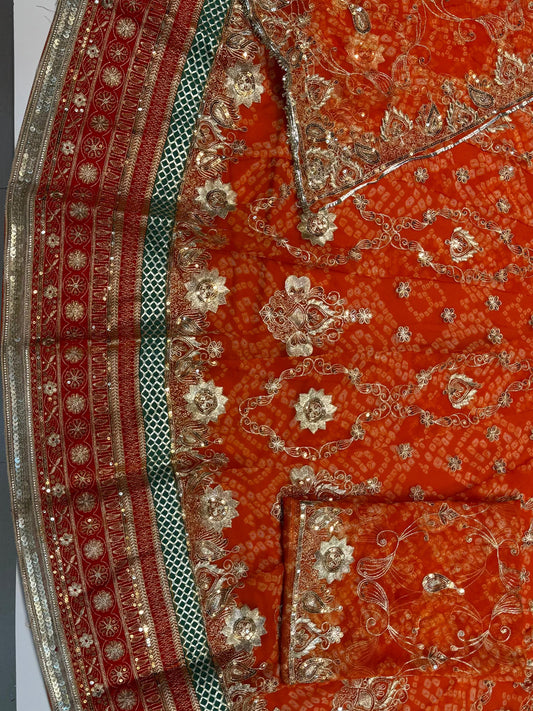 4 Meter Chundari Print Gorgette Premium quality Rajputi Poshak with stone Work in Orange color-91667