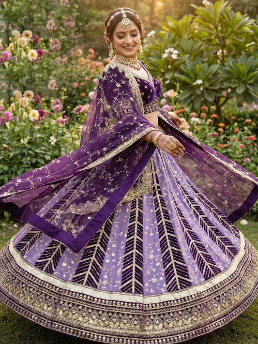Purple Georgette 3.5 Meter flair Contrast Kali Pattern Festival Vintage Rajputi Poshak-91722