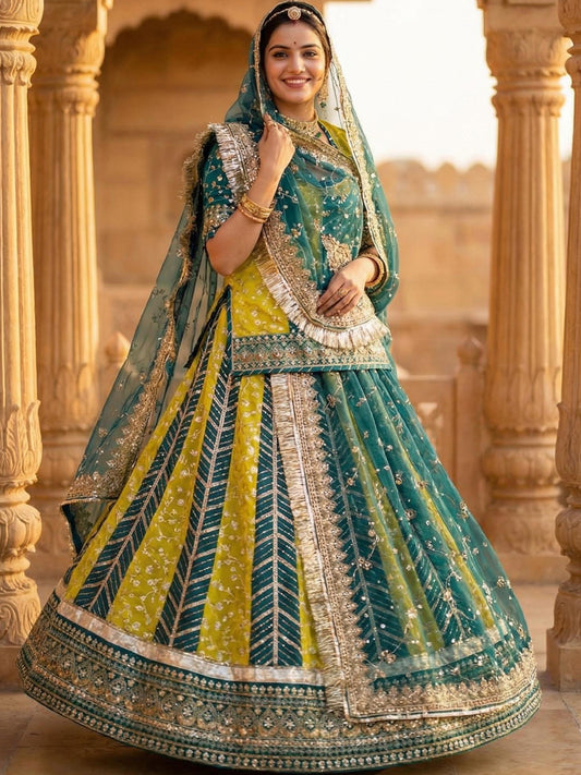 Green Georgette 3.5 Meter flair Contrast Kali Pattern Festival Vintage Rajputi Poshak-91723