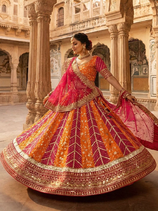 Pink Georgette 3.5 Meter flair Contrast Kali Pattern Festival Vintage Rajputi Poshak-91724