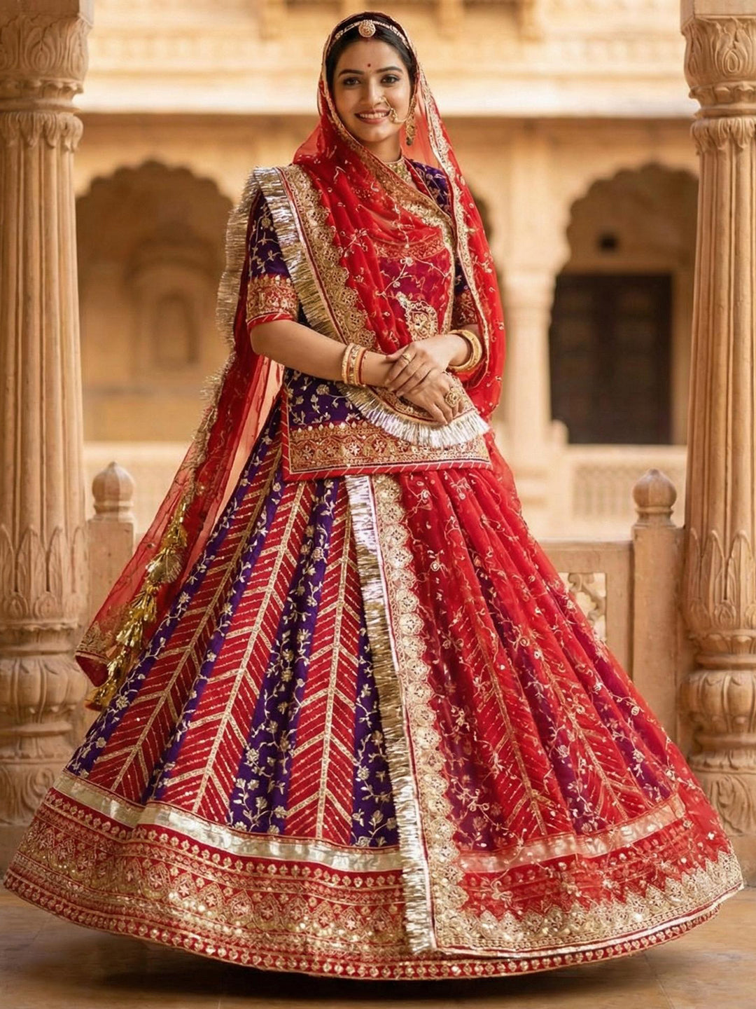 Red Georgette 3.5 Meter flair Contrast Kali Pattern Festival Vintage Rajputi Poshak-91725