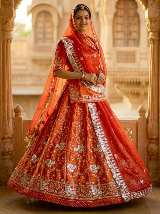 Orange color Fend Festival wedding Rajputi Poshak-91743