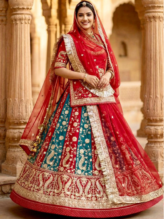 Red color Fendi Silk Festival wedding Vintage Rajputi Poshak-91754