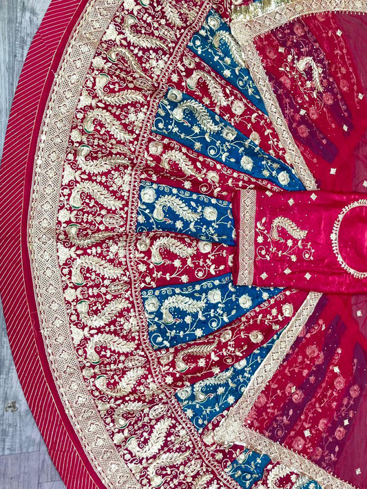 Blue Pink color Fendi Silk Festival wedding Vintage Rajputi Poshak-91752