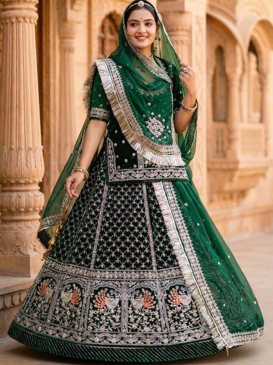 Green Velvet Festival wedding Rajputi Poshak with Codding work-91757