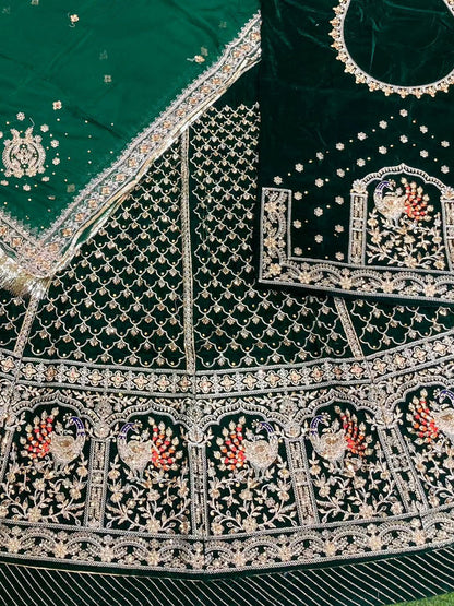 Green Velvet Festival wedding Rajputi Poshak with Codding work-91757