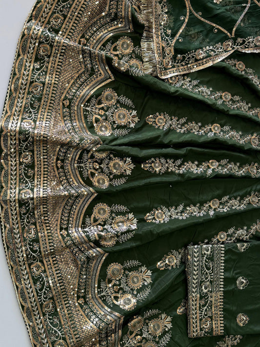 4 Meter flare Heavy Silk Crepe wedding Rajputi Poshak In Green color -91774