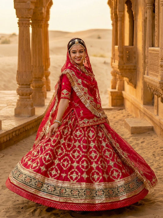 4 Meter flare Gold crush Vintage style Wedding Rajputi Poshak in Pink color-91784