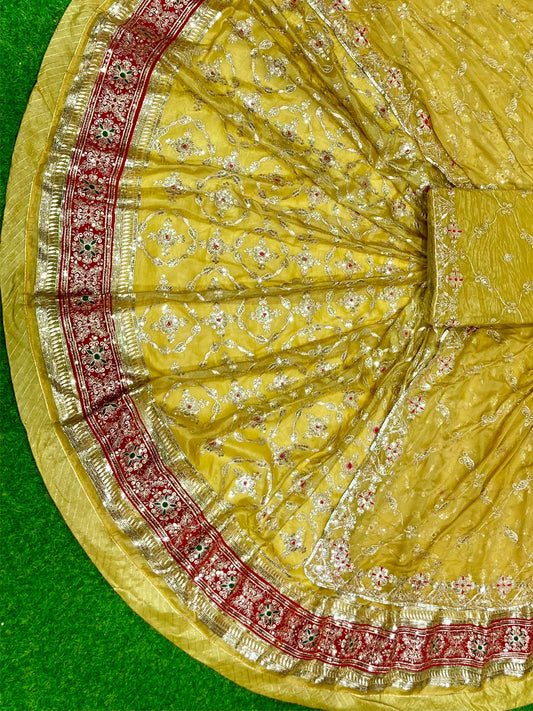 4 Meter flare Gold crush Vintage style Wedding Rajputi Poshak in Yellow color-91782