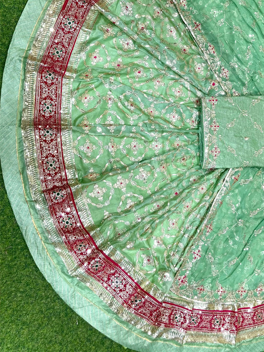 4 Meter flare Gold crush Vintage style Wedding Rajputi Poshak in Green color-91780