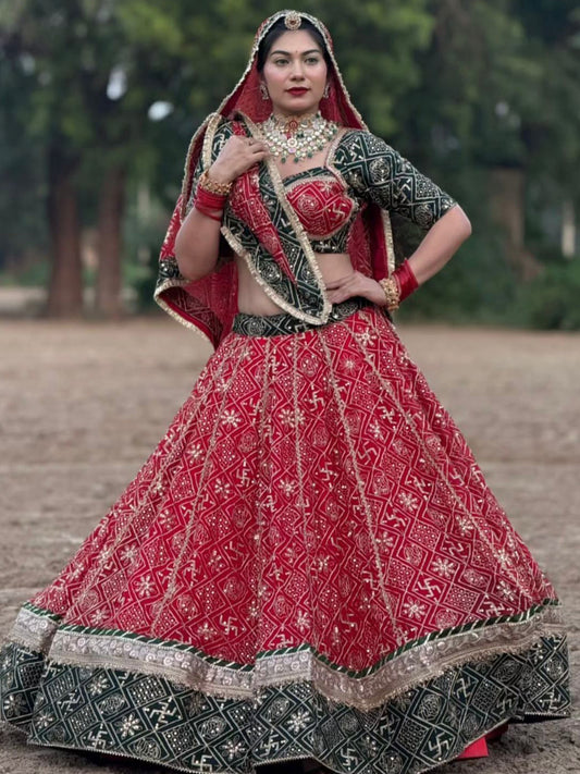 7 Meter Flare Georgette Vintage Style Mehndi Sangeet Rajputi Poshak in Red Color-91790