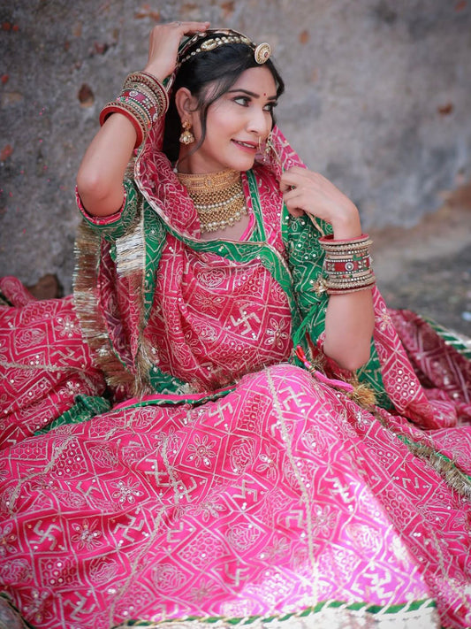 7 Meter Flare Georgette Vintage Style Mehndi Sangeet Rajputi Poshak in Pink Color-91788