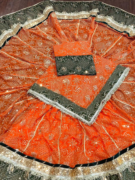 7 Meter Flare Georgette Vintage Style Mehndi Sangeet Rajputi Poshak in Orange Color-91787