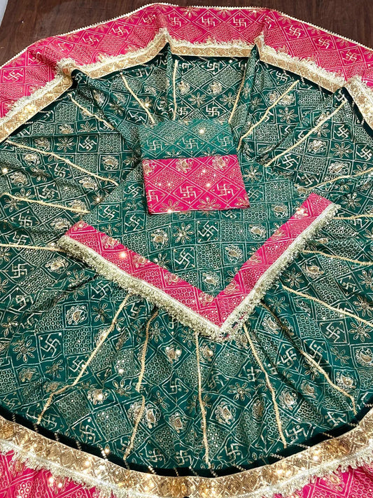 7 Meter Flare Georgette Vintage Style Mehndi Sangeet Rajputi Poshak in Green Color-91786