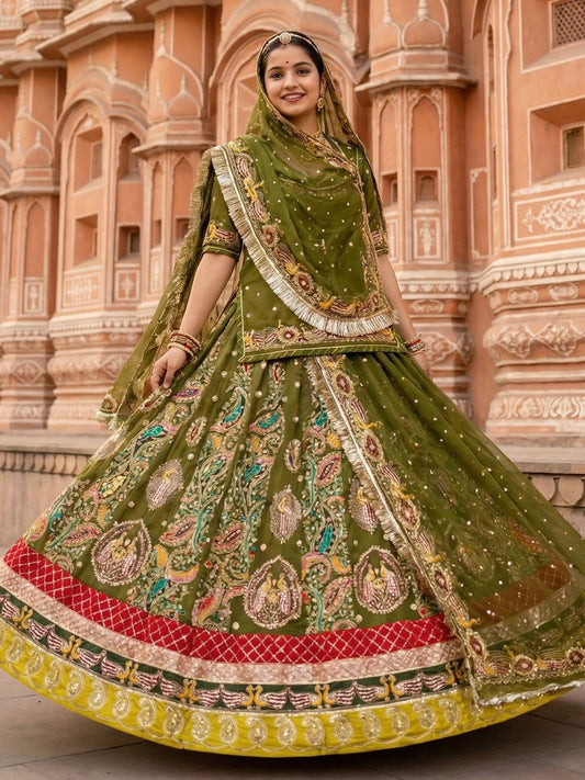 Vintage Rajputi Poshak for Brides – Green Georgette with 7 Meter Flare-91792
