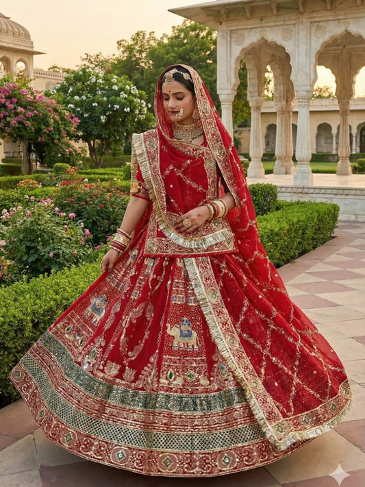 Premium Georgette Contrast Rajputi Poshak in Red – 7 Meter Flare Bridal Gher-91841