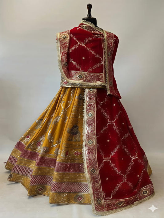 Premium Georgette Contrast Rajputi Poshak in Red yellow – 7 Meter Flare Bridal Gher-91842