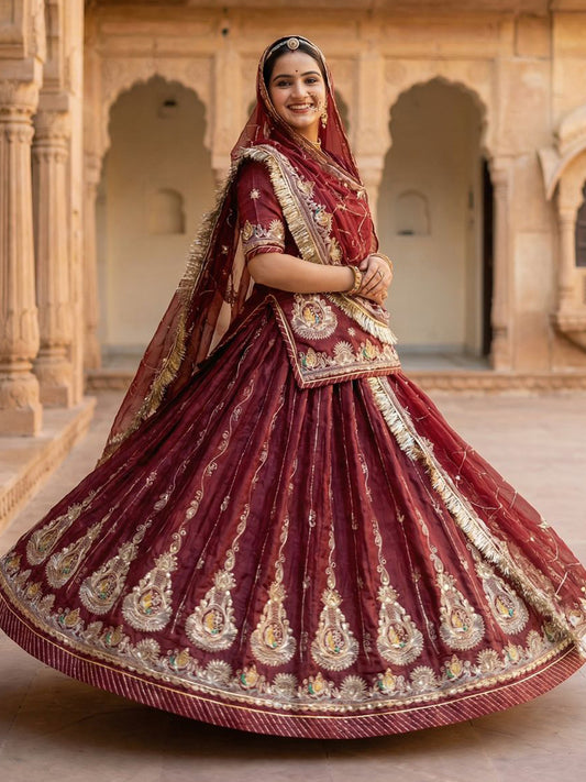 4 Meter Flare Gold Crush Rajputi Poshak Maroon Wedding Party Wear Designer Outfit for Women-91838