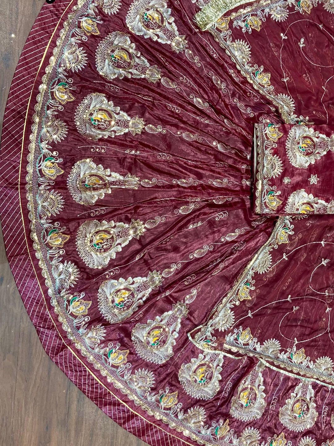 4 Meter Flare Gold Crush Rajputi Poshak Maroon Wedding Party Wear Designer Outfit for Women-91838