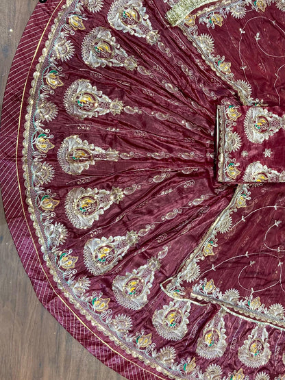 4 Meter Flare Gold Crush Rajputi Poshak Maroon Wedding Party Wear Designer Outfit for Women-91838